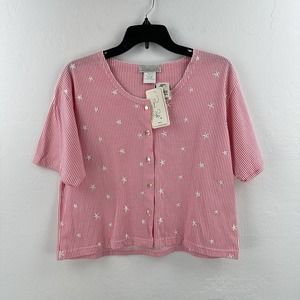 Vintage Rene Rofe Sleepwear Top S Cropped Button Up Pink‎ Pinstripe Stars NEW